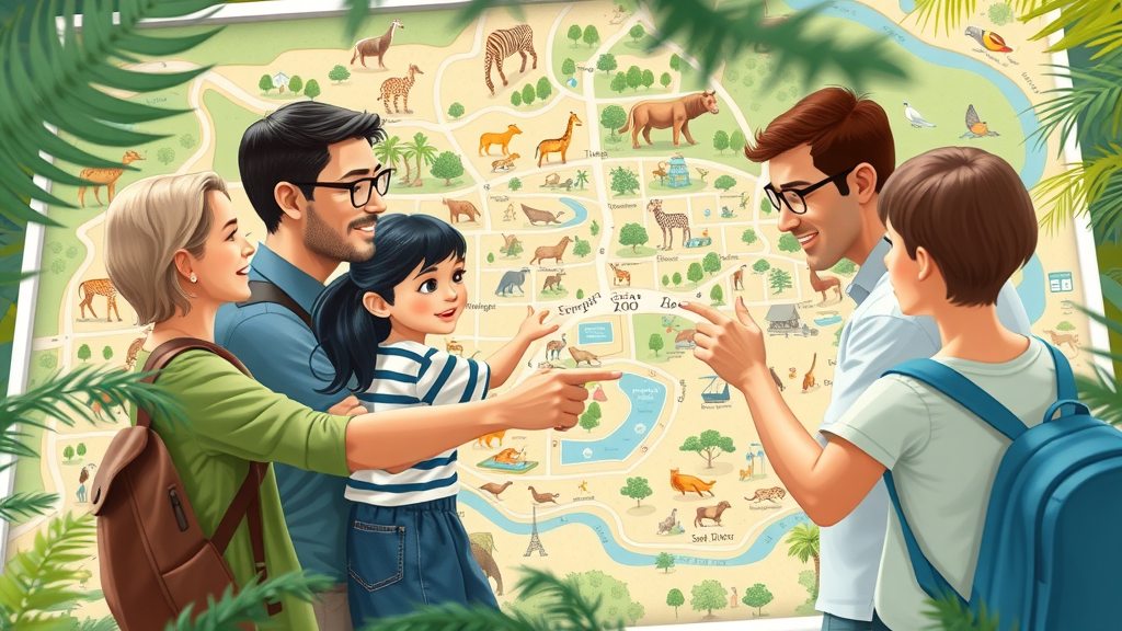 Detailed illustrated map of San Diego Zoo with families plotting their route, engaged and insightful expressions, colorful animal-themed zones and shaded pathways, movement in leaves and wildlife, pastel colors, sunlight