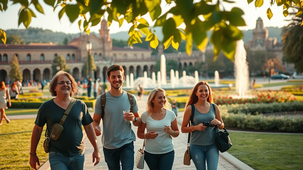 Picturesque scene of Balboa Park near San Diego Zoo, relaxed visitors strolling, joyful and curious, historical architecture, fountains, and gardens in background, golden hour lighting