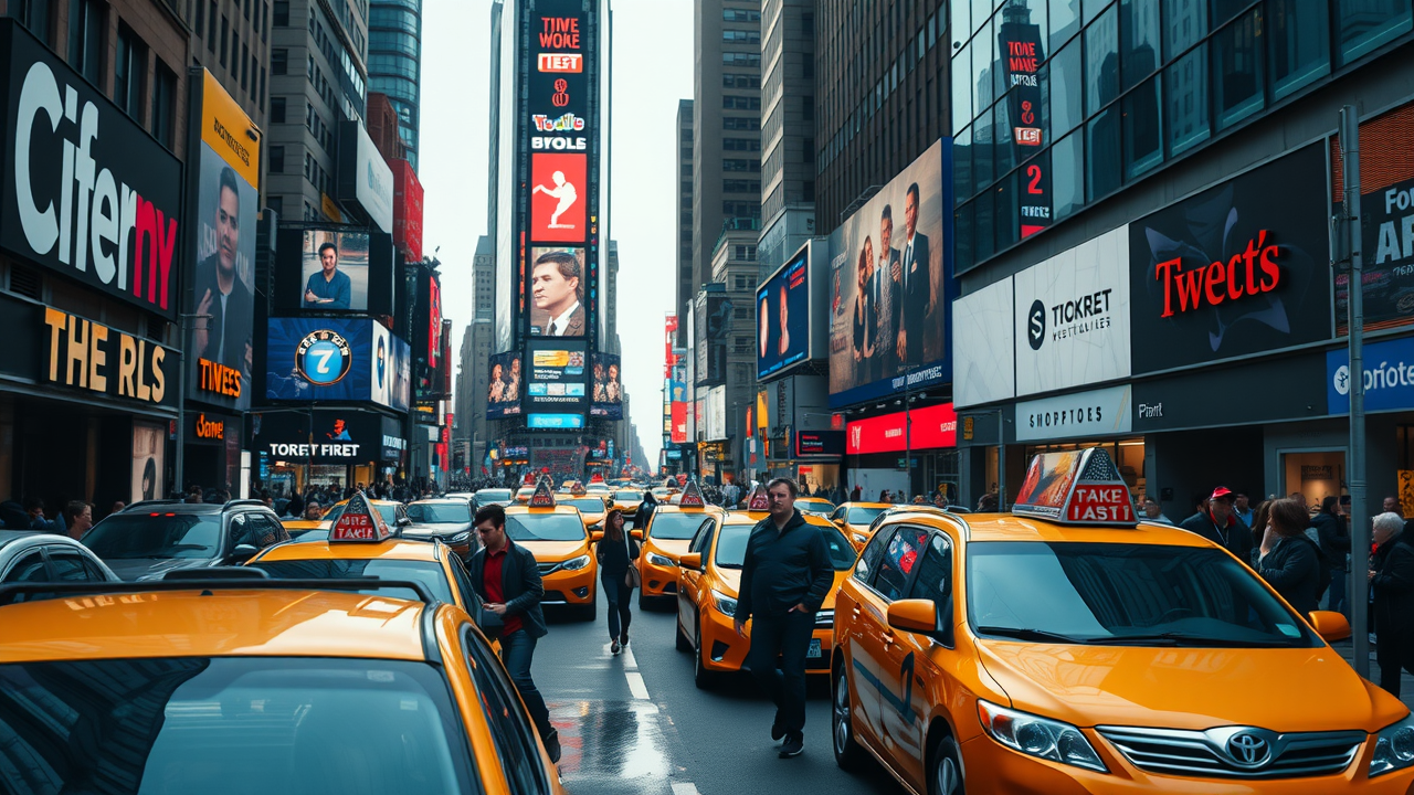 Bustling Times Square scene with excited tourists and New Yorkers gazing at bright neon billboards at dusk – things to do Times Square New York