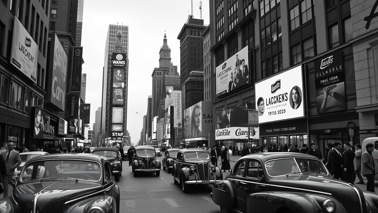 Timeless black and white Times Square with vintage cars and 1940s fashion – iconic history of things to do Times Square New York