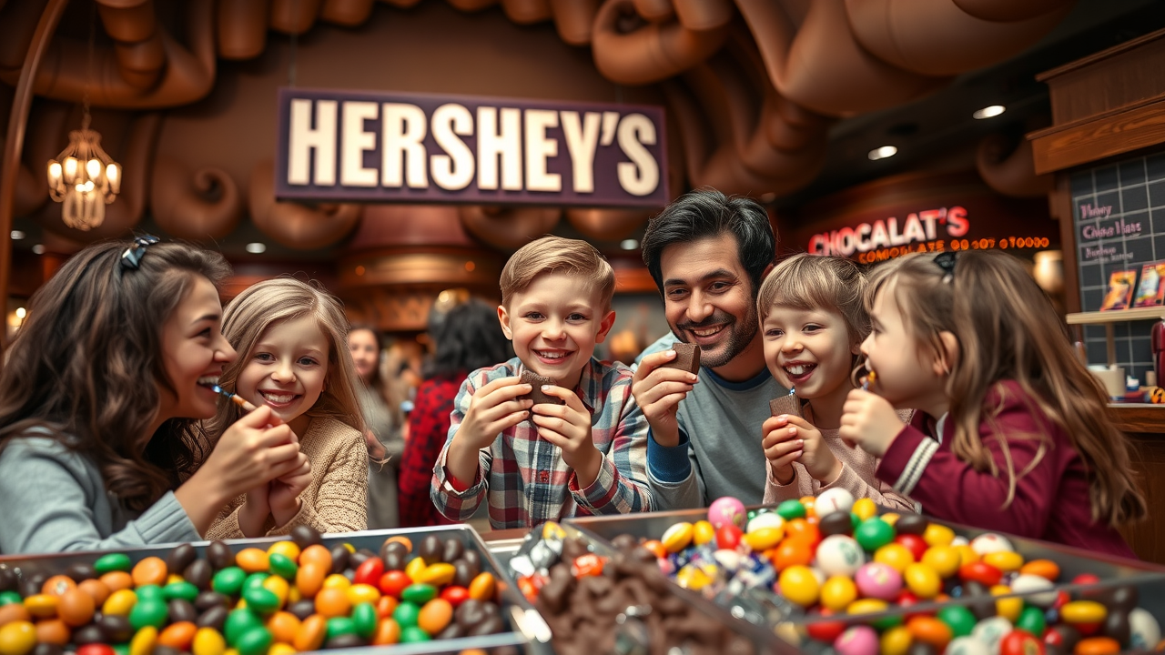 Plush Hershey’s Chocolate World interior with families tasting chocolate – Chocolate World things to do Times Square New York