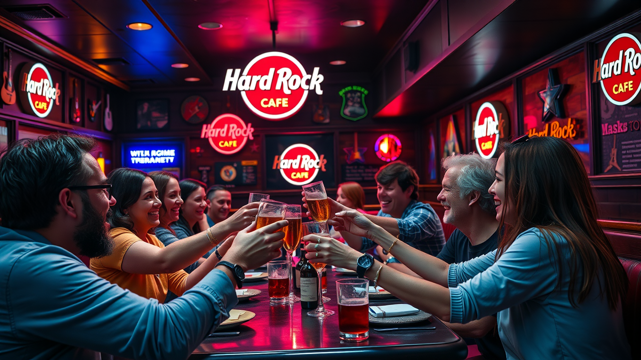 Vibrant Hard Rock Café interior, group dining, classic rock memorabilia, celebration – Hard Rock things to do Times Square New York