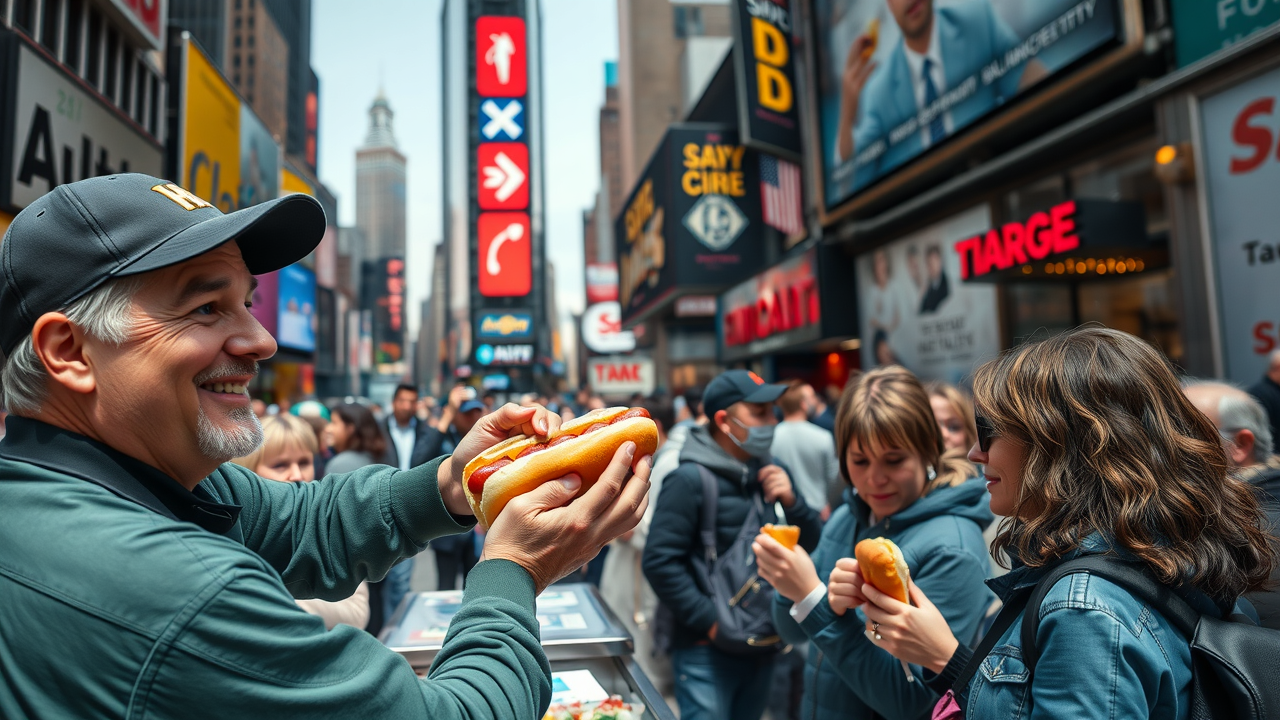Street-level food stand in bustling Times Square with a vendor handing over a hot dog to a smiling customer – quick eats Times Square New York
