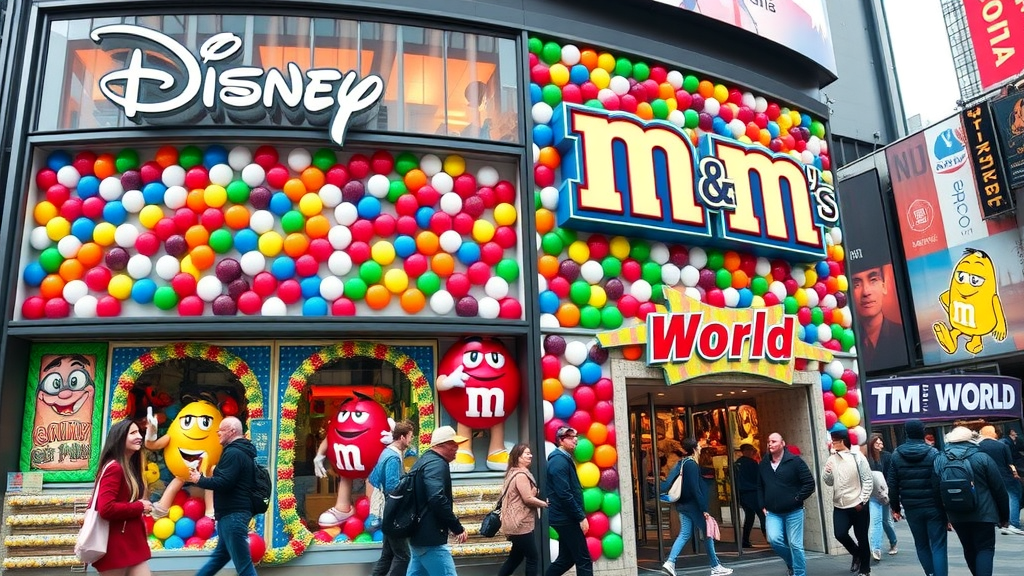 Playful Disney and M&M’s World storefronts with colorful cartoon characters and candy bursting from doors – shopping things to do Times Square New York