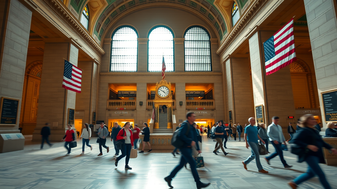 Historic Grand Central Terminal with ornate ceiling, gold clock, and streams of commuters – Grand Central nearby Times Square New York